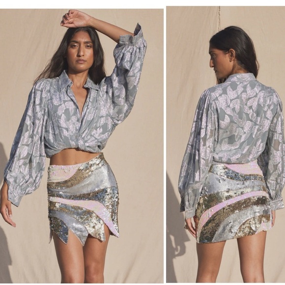 JEN'S PIRATE BOOTY Rising Star Metallic Silver Button Down Putf Sleeve Blouse - Picture 1 of 16